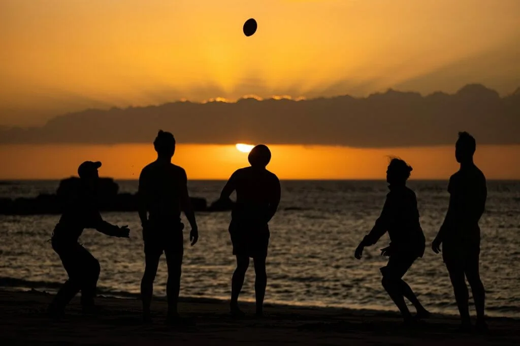 Silhouettes of people playing frisbee on the beach at sunset.