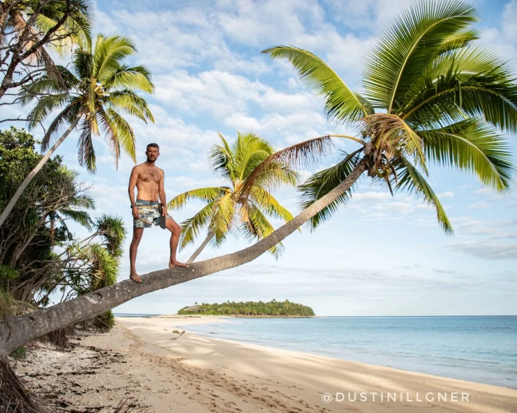 Tom Williams on a palm tree in Tonga