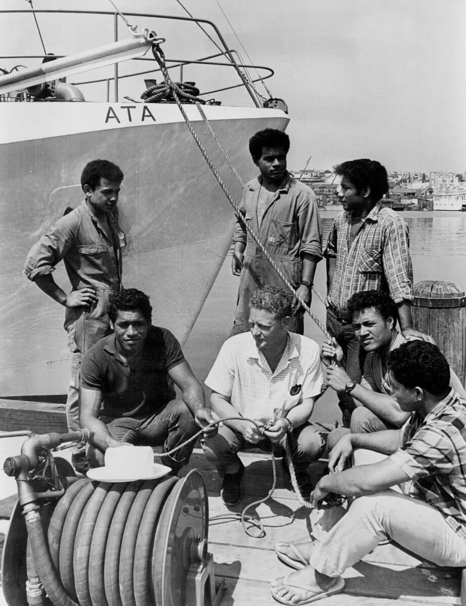 The reality as Skipper Peter Warner is pictured with (left to right) Stephen, Kolo Luke, David, John and Mano after hiring the rescued boys in 1968 (Image: Fairfax Media via Getty Images)