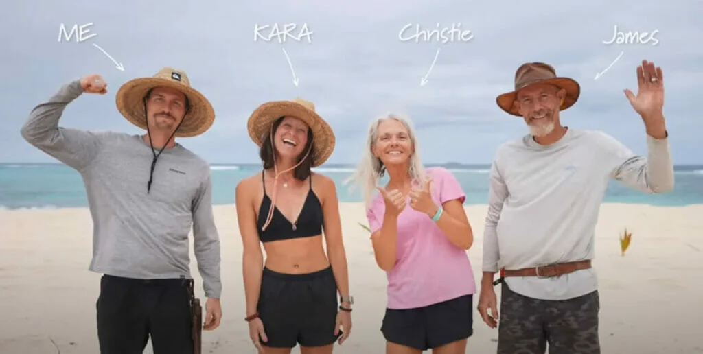 Kara and Nate in Tonga with friends Christie and James on a beach.