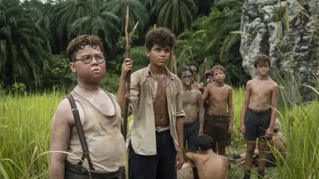 Lord of the Flies castaways in jungle setting, boys with spears and dirt on faces.