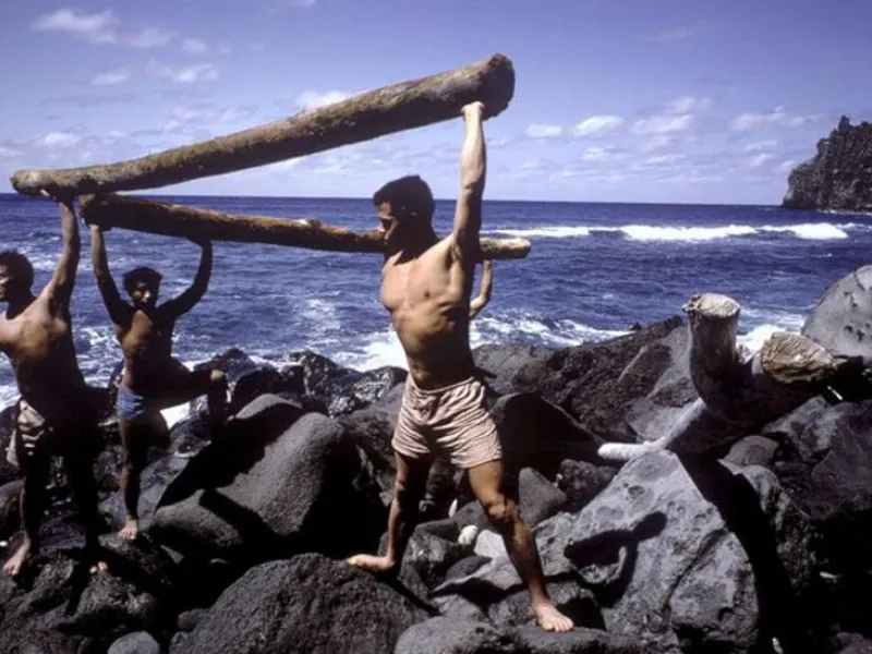 Tonga castaways carrying wood on rocky beach with ocean backdrop.