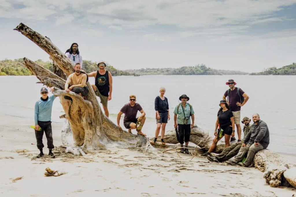Team on driftwood at beach for team building activity.