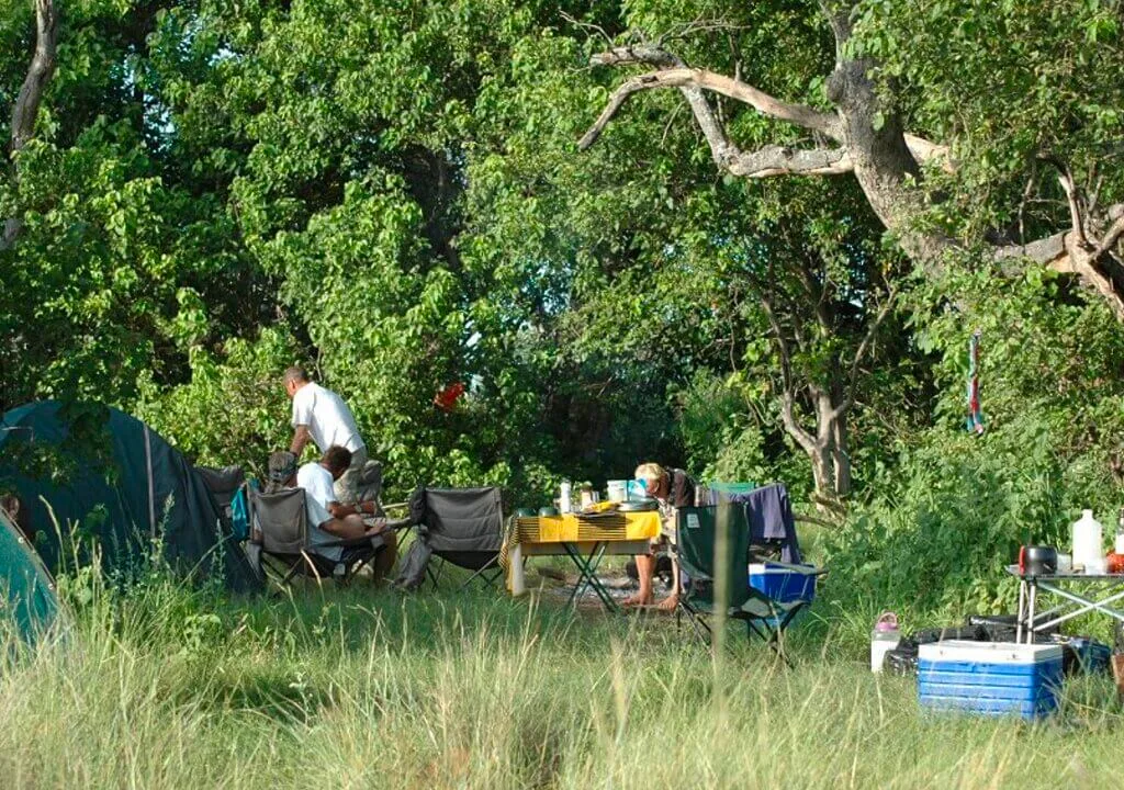 Botswana safari campsite with people relaxing near a tent and table in a grassy area.