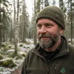 Man in outdoors forest setting, dressed for survival - desert island survival tips and outdoor adventure gear.
