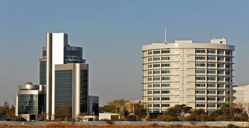 Modern architecture in Botswana: Office buildings against a clear sky.