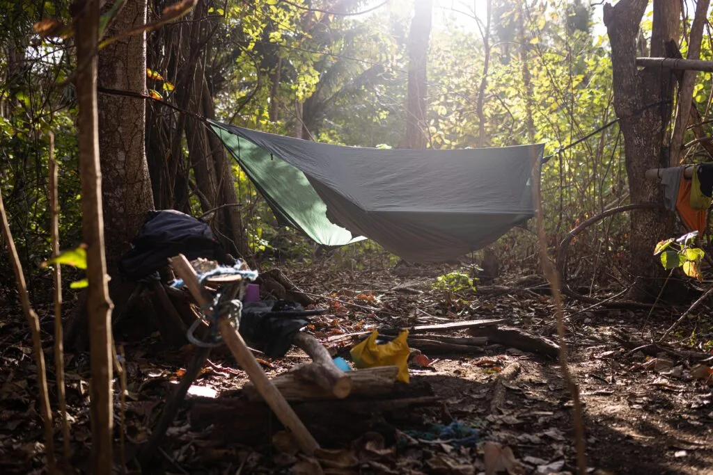Hammock strung between trees in a forest, camping gear scattered nearby. Team building outdoors.