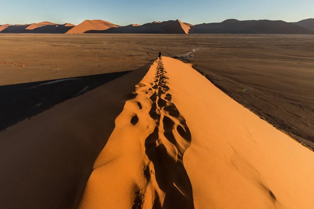 Explore the breathtaking beauty of the Namib Desert with its sunlit dunes and expansive landscape captured at sunset.