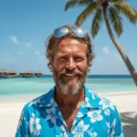 Desert Island Survival Adventure in the Maldives 32 Survival expert on a tropical desert island beach with palm trees and overwater bungalows, demonstrating outdoor skills and island survival techniques.