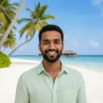 Desert Island Survival Adventure in the Maldives 31 Tropical beach with palm trees, clear blue sky, and ocean backdrop, highlighting a relaxing island paradise.