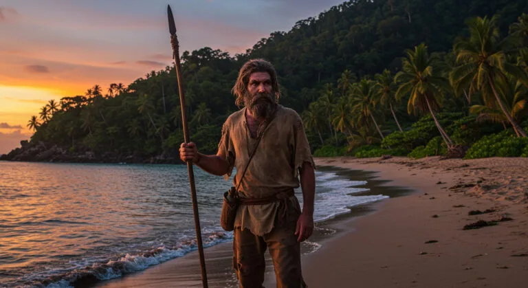 Man resembling Robinson Crusoe stands on a beach with a spear at sunset.