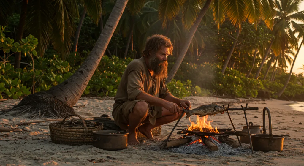 Man cooking fish over a fire on a tropical beach, reminiscent of Robinson Crusoe.