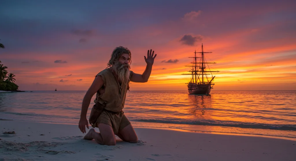 Robinson Crusoe kneels on the beach, waving at a passing ship in the sunset.
