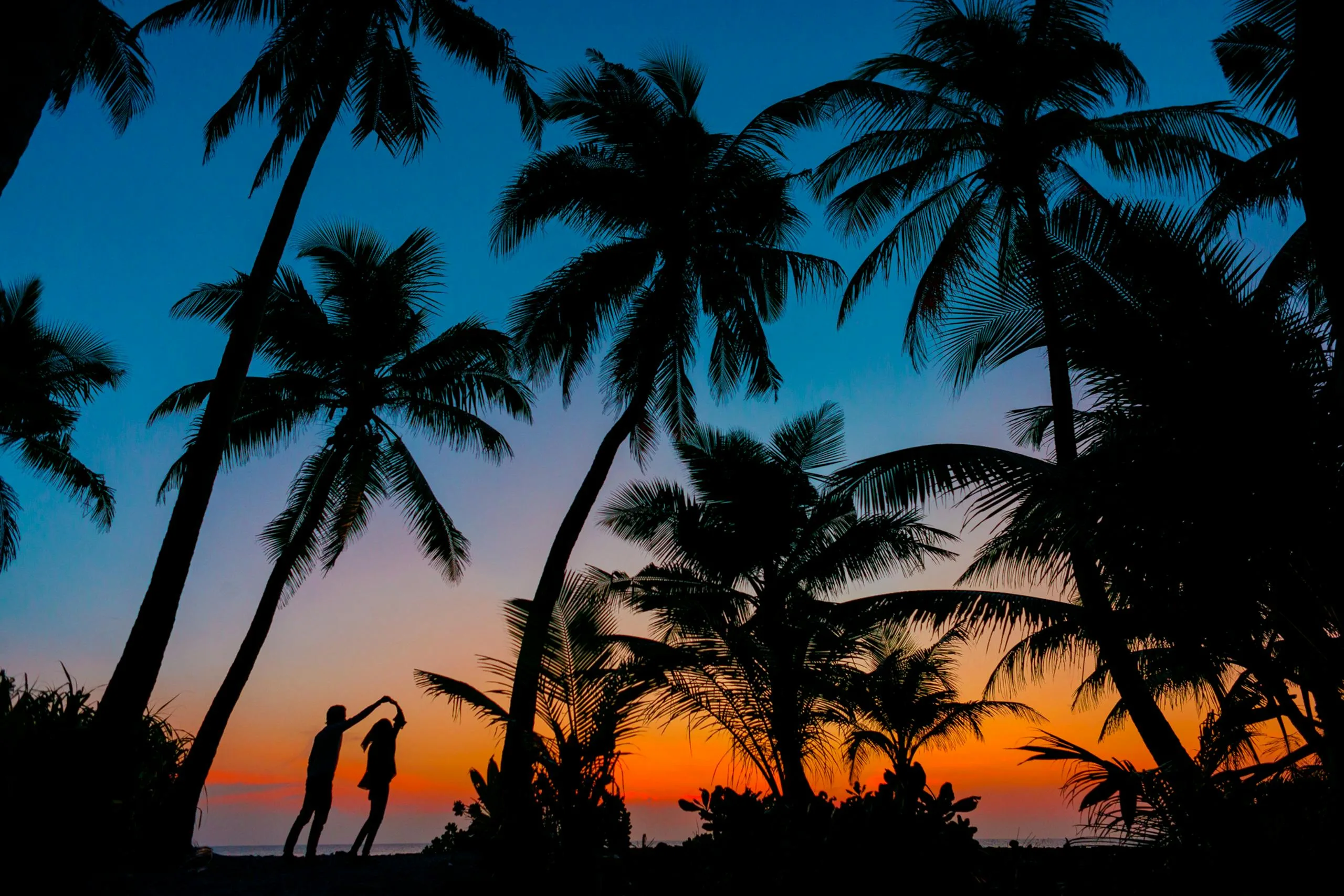 Silhouetted couple dancing under palm trees at tropical beach sunset, capturing romance and idyllic scenery.