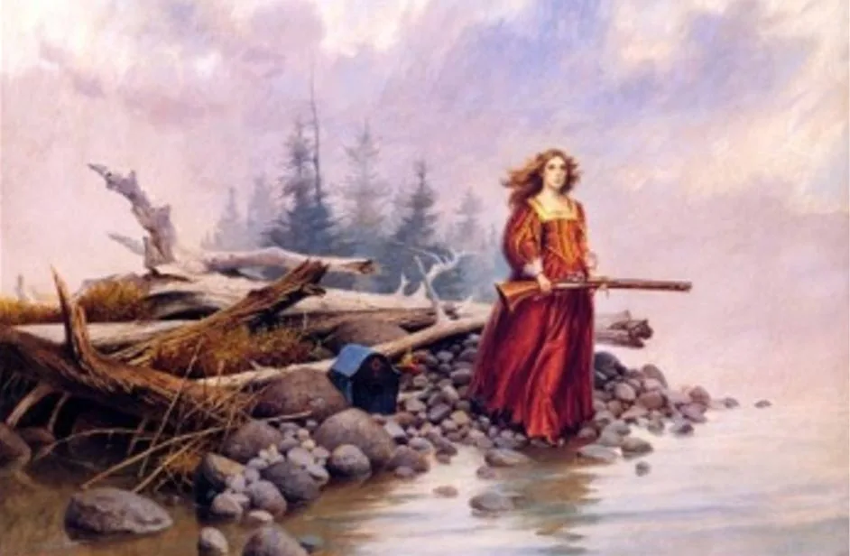 Woman with rifle on rocky shore, a scene depicting resilience for the "Famous Castaways" blog.