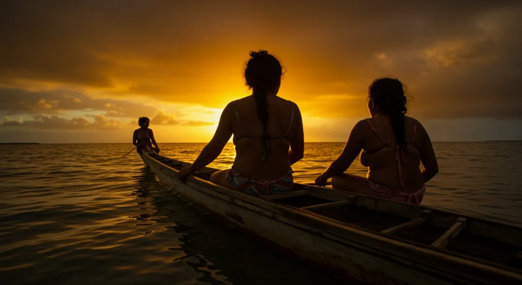 Silhouette of three people in a boat at sunset. Famous castaways could have experienced this.