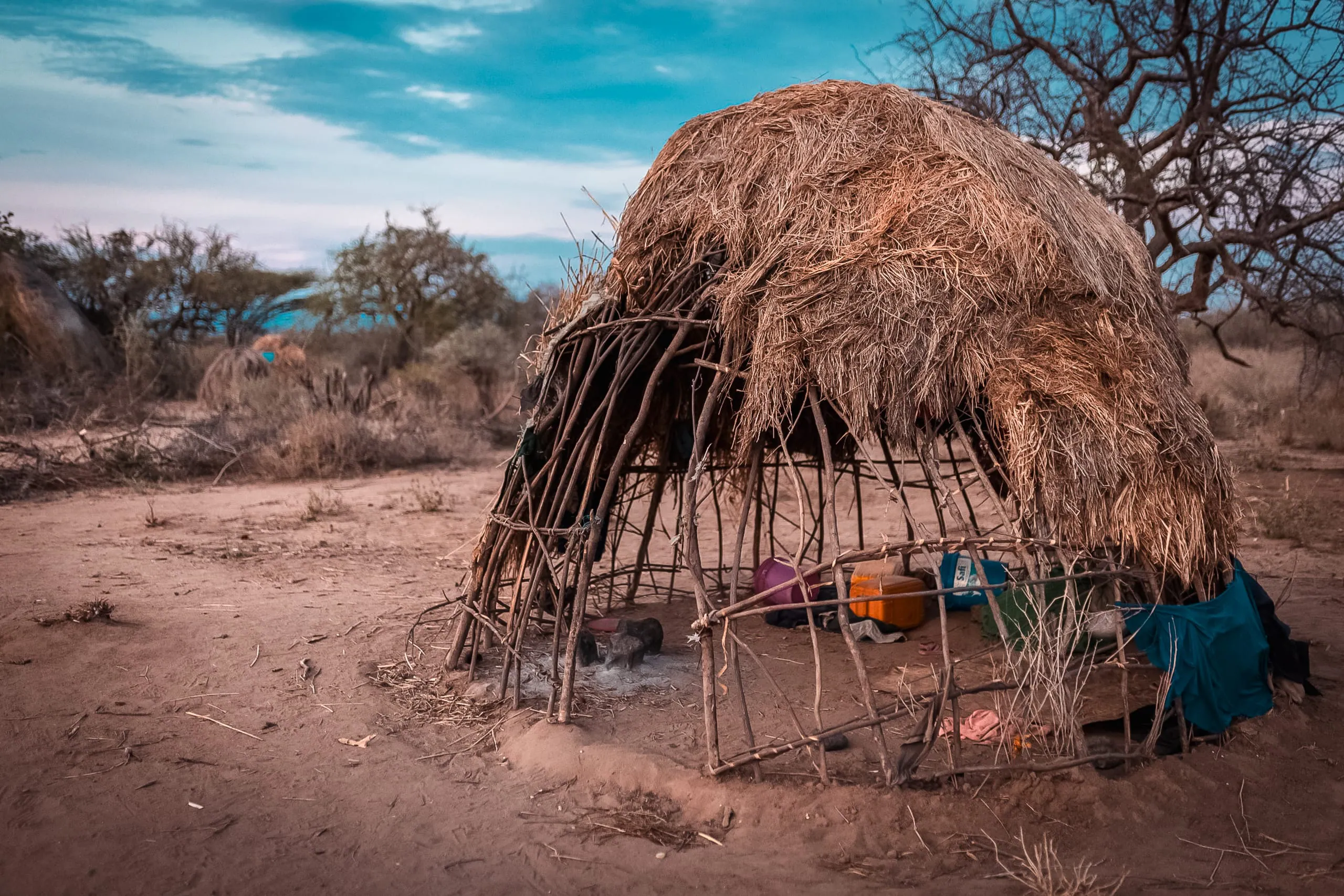 A small, dome-shaped hut made of sticks and thatch stands on dry, sandy ground with scattered household items inside; sparse trees in the background evoke an authentic Hadza Tribal Bushcraft Experience & Luxury Safari experience.