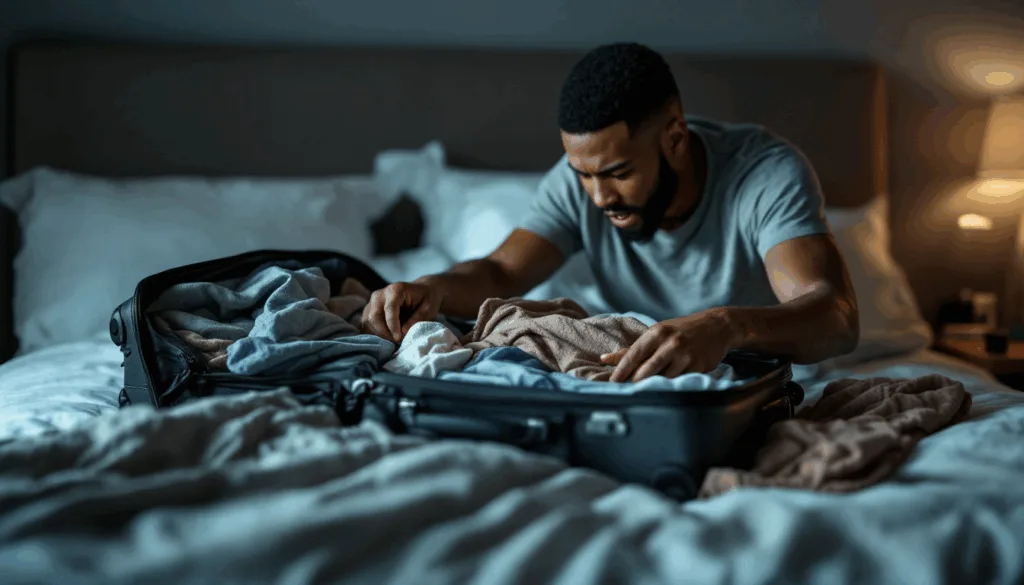 Man packing suitcase on bed, preparing to travel light.