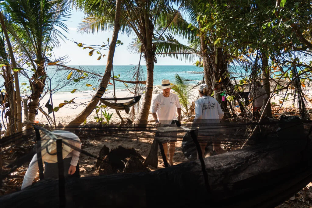 Volunteers on a beach working without technology, restoring the shoreline.