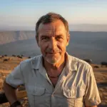 Man trekking on desert island with rugged landscape and wildlife, illustrating survival skills and outdoor adventure in remote environments.