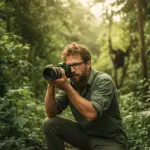 Cameraman documenting wilderness survival in dense jungle for desert island expedition.