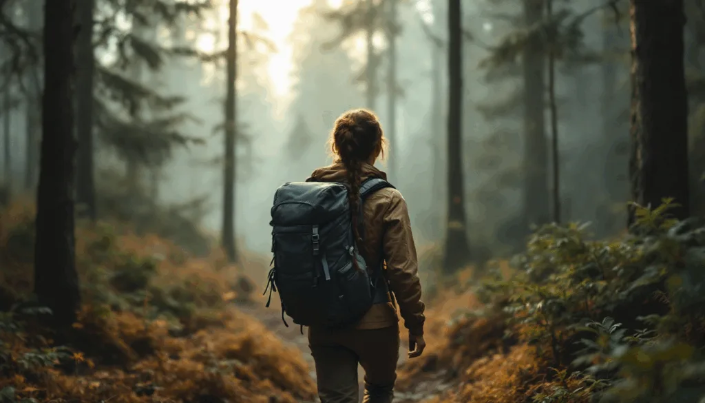 Woman hiking in a misty forest with a backpack, ready to travel light.