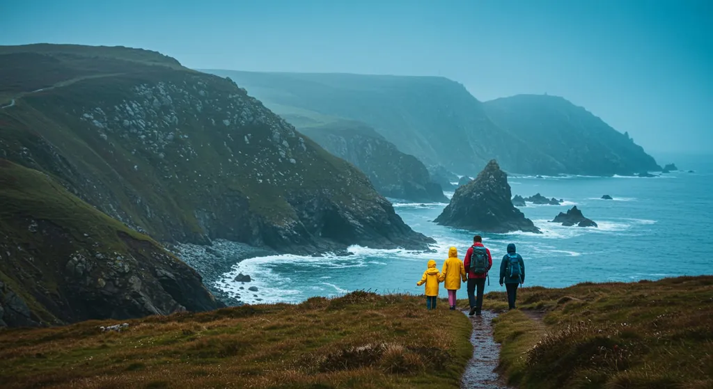 Family hiking on a coastal trail, enjoying nature's beauty with dramatic cliffs and ocean views.
