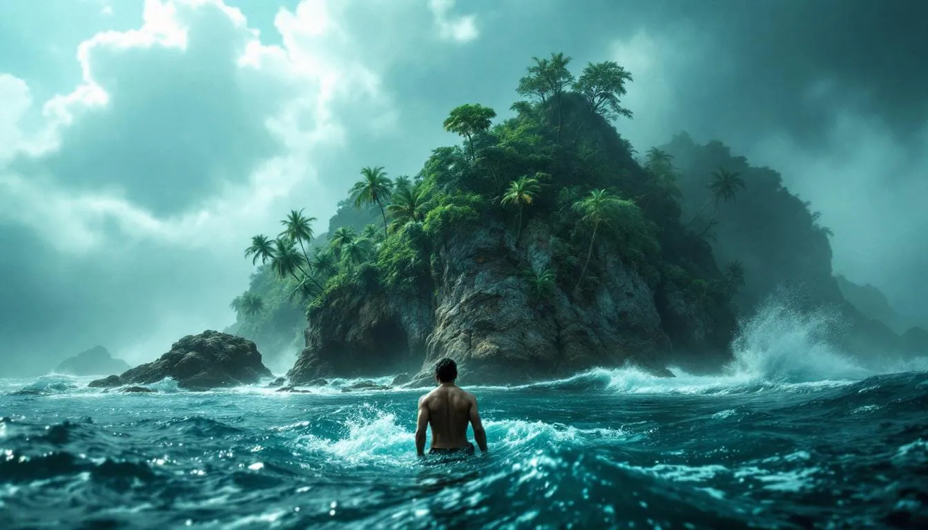 Man wading in ocean towards a lush tropical island. Island Gamification.