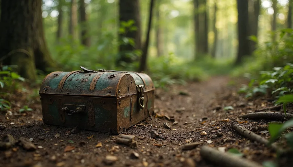 Weathered treasure chest sits on a forest path, hinting at island gamification adventure.