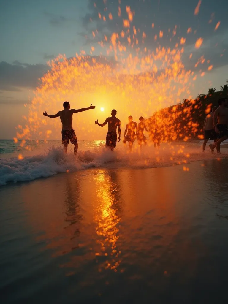People silhouetted against a sunset on the beach, enjoying nature's beauty.