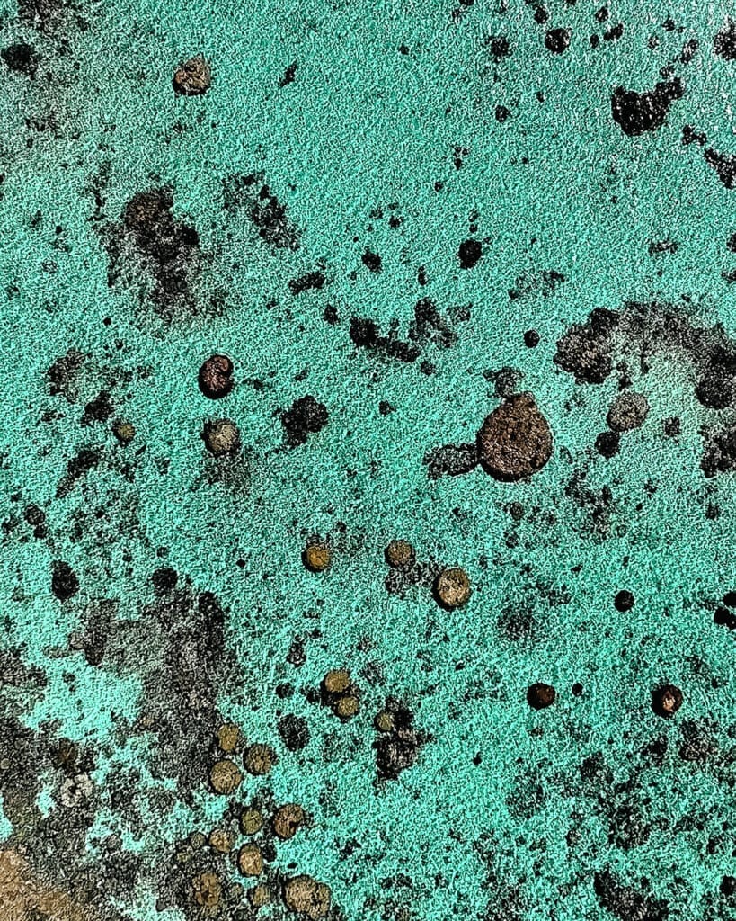 Desert Island Survival Adventure in the Maldives 9 A close-up of a turquoise textured surface with scattered dark circular patches and uneven speckling throughout, reminiscent of aerial views in an Island Survival Adventure in the Maldives.