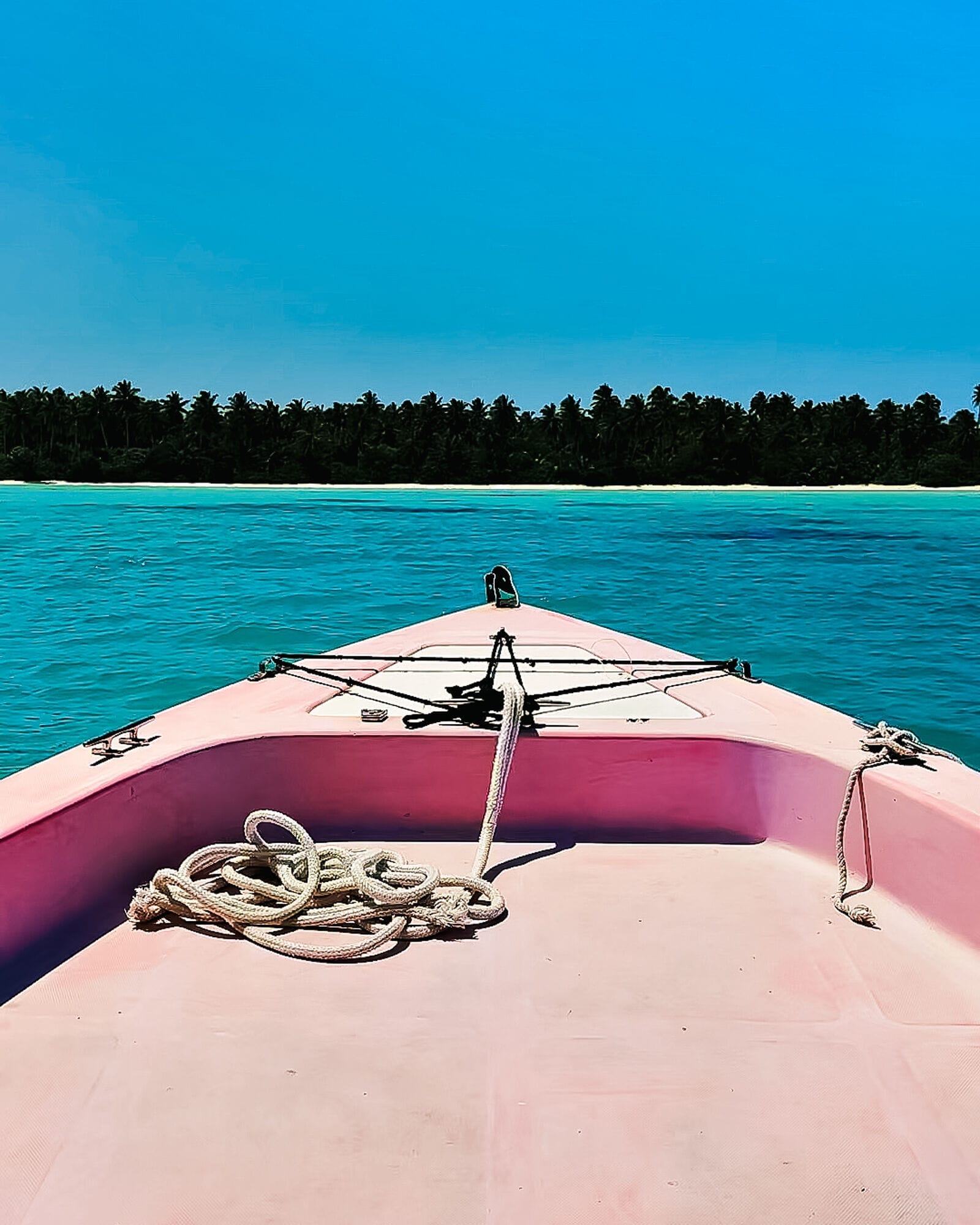 Desert Island Survival Adventure in the Maldives 22 A view from the bow of a pink boat facing clear turquoise water, with a sandy shore and a line of palm trees in the distance under a blue sky—an inviting start to your Island Survival Adventure in the Maldives.