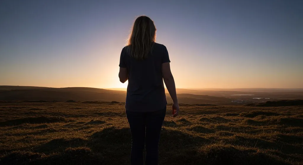 Woman silhouetted against a sunset in the wild, looking out over the landscape.