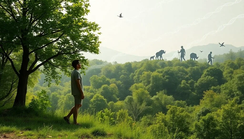 Man in nature, pondering human evolution in the wild.