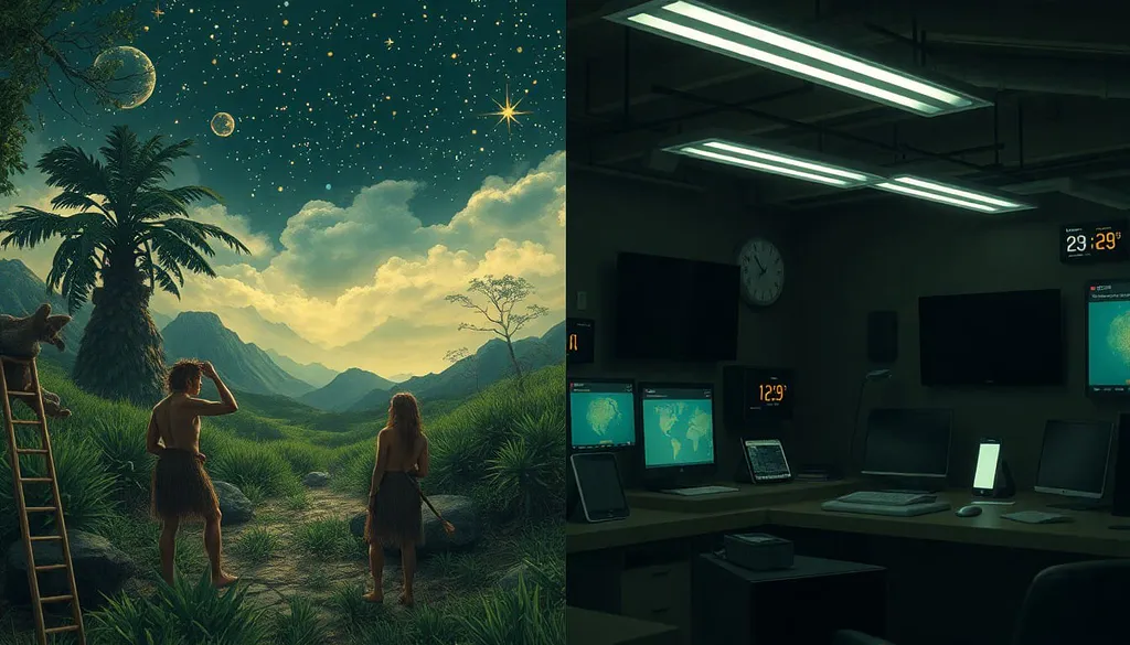 Two figures gazing at the night sky, juxtaposed with a modern control room. The wild versus technology.