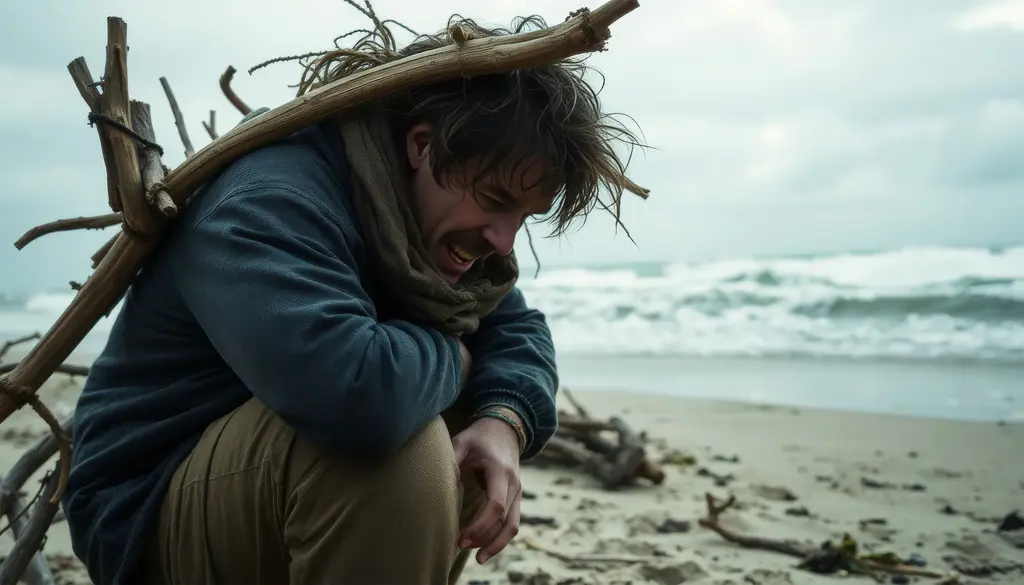 A person sits on a sandy beach near the water, clutching their knees in discomfort and appearing upset, with driftwood on their back and scattered debris around. The sky is cloudy.