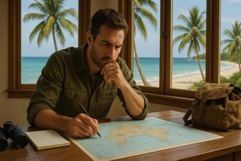 Man planning a desert island survival adventure, studying a map with binoculars and a bag nearby.
