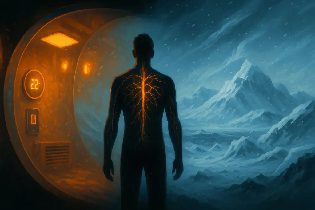 Man facing a cold, snowy landscape, with a glowing spine, contrasting with a warm interior.