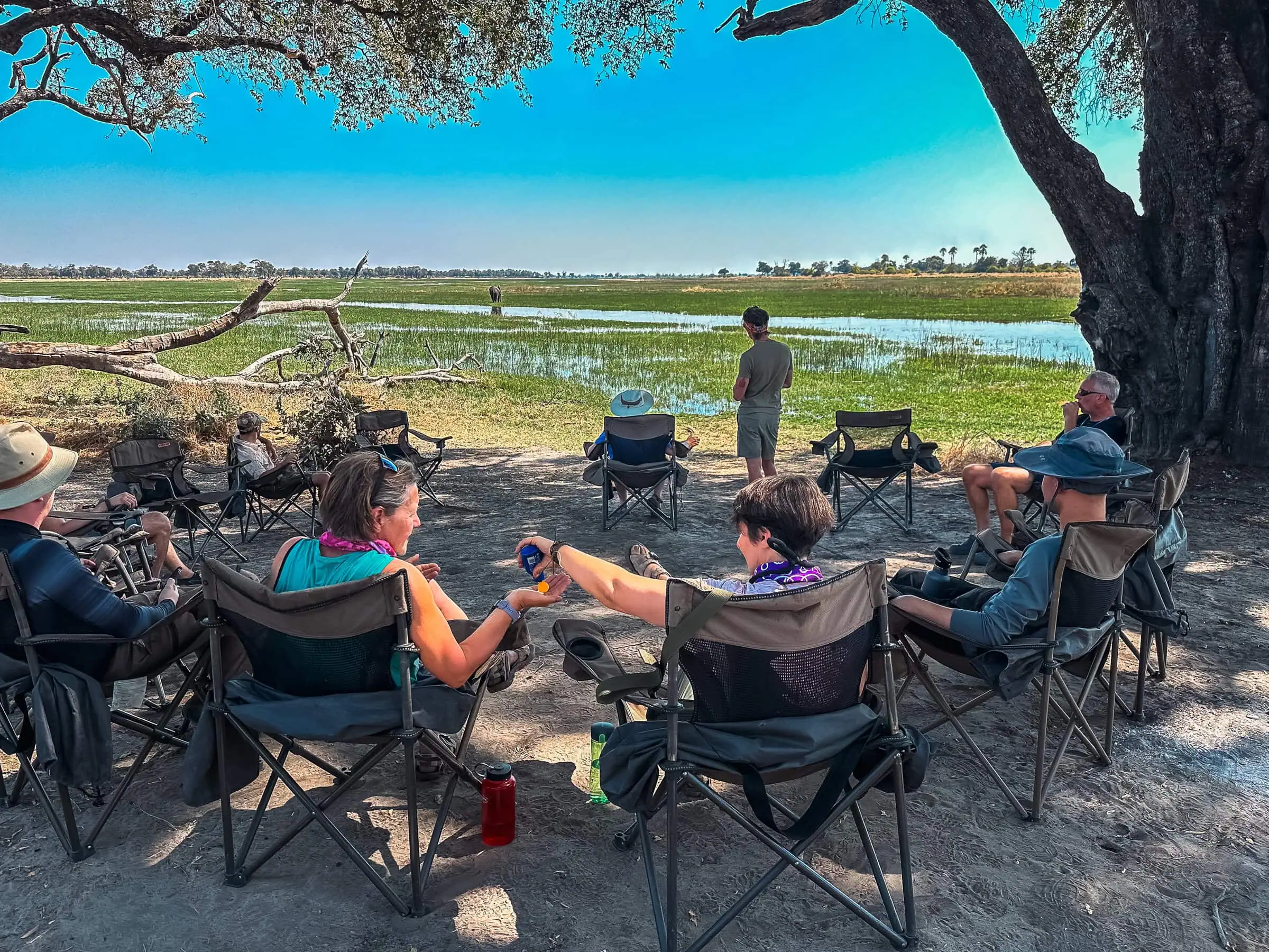 Botswana Kayak Bushcraft Safari in the Okavango Delta 17 Secluded group of travelers relaxing under a large tree near a wetland, preparing for outdoor survival activities on a desert island.