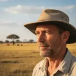 Botswana Kayak Bushcraft Safari in the Okavango Delta 26 A rugged man in a wide-brimmed hat outdoors on a desert island, emphasizing survival skills and adventure preparation.