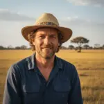 Botswana Kayak Bushcraft Safari in the Okavango Delta 25 Man in safari hat smiling in savannah landscape, outdoor adventure, survival skills, wilderness exploration, Desert Island Survival concepts.