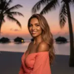 Sunset portrait of a smiling woman on a tropical desert island with palm trees and overwater bungalows, emphasizing survival, travel, and paradise escape.