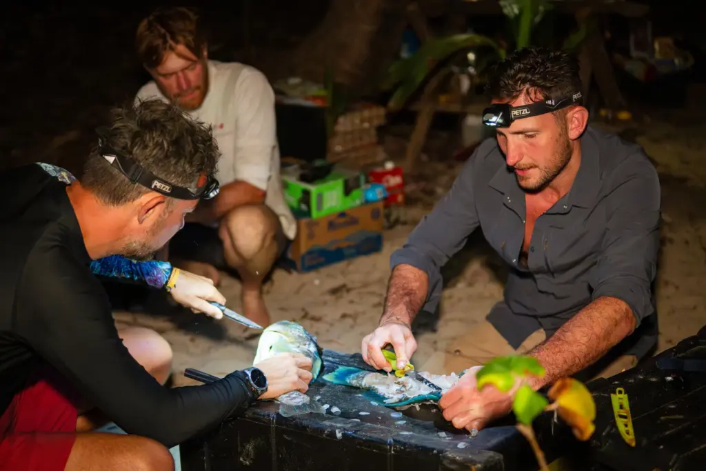 Your Body's Forgotten Language 6 Fresh fish preparation in a survival situation on a desert island at night.