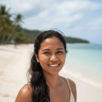 Sunlit woman smiling on a tropical island beach with palm trees and ocean in the background, emphasizing survival skills and scenic island environment.