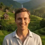 Desert Island Survival Adventure in the Philippines 36 A young man smiling in front of lush green terraced rice fields and tropical mountains, representing outdoor adventure and survival skills in a tropical island setting.