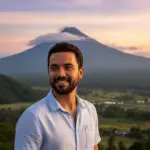 Desert Island Survival Adventure in the Philippines 35 A man with a beard smiling outdoors with a mountain and lush landscape in the background, exemplifying survival skills and outdoor adventure on a deserted island.