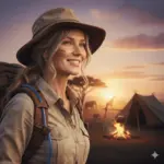 Survival expert woman with safari hat backpacking in desert island jungle, camping with tent and campfire at sunset, emphasizing outdoor adventure and survival skills.