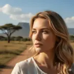 Bright young woman in a safari-style landscape with Mount Kilimanjaro in the background, highlighting resilience and survival skills in a remote desert island setting for survival preparedness.