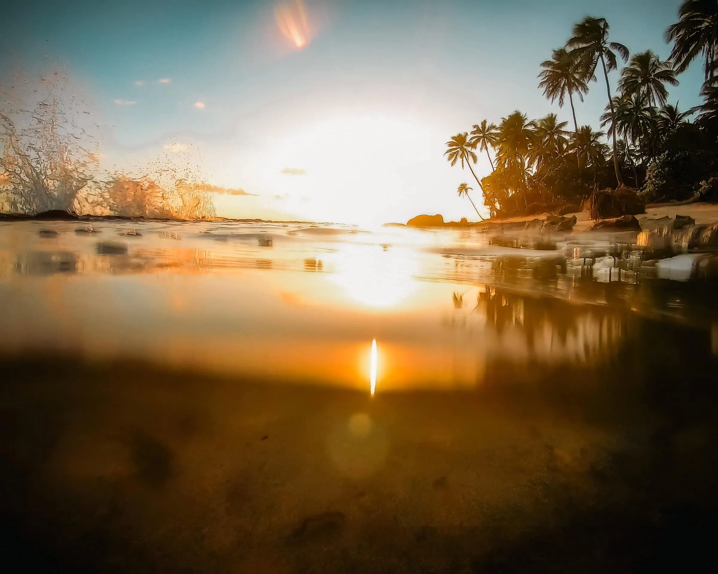 Desert Island Survival Adventure in Tonga 13 Sunset over tropical desert island with palm trees, sandy beach, and calm ocean waters; perfect for desert island survival and adventure.