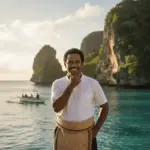 Desert Island Survival Adventure in Tonga 25 Man smiling on tropical desert island with cliffs and boat in background, representing survival skills, island life, and outdoor adventure.